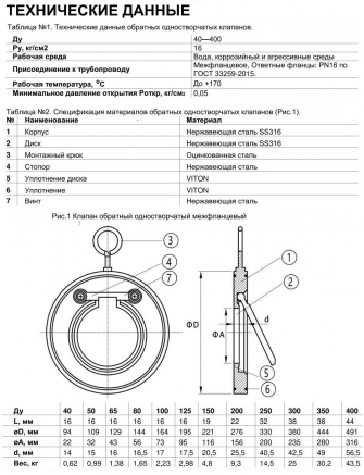 Клапан обратный 1/створчатый Benarmo 3060 DN400 PN16 из нерж стали
